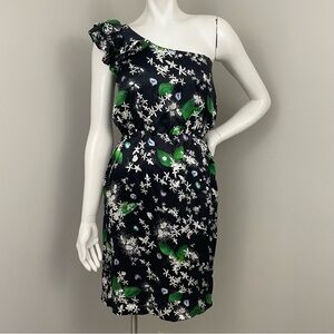 ISOLDA Frog Leaf Print Black Silk One Shoulder Ruffle Mini Dress